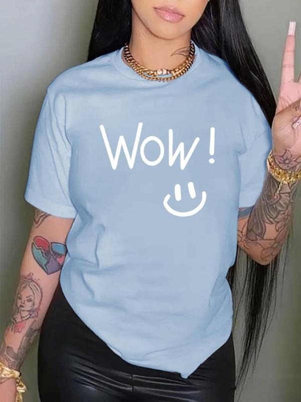 Women's Letter & Smile Face Print Round Neck Tee, Fashion Casual Crew Neck T-shirt for Daily Holiday Vacation Outdoor...