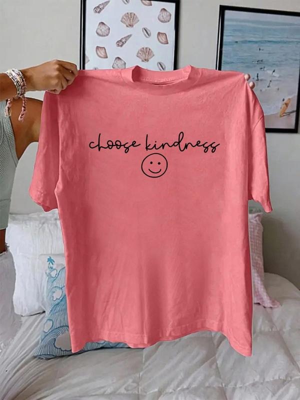 Women's Letter & Smile Face Print Round Neck Tee, Fashion Casual Short Sleeve Crew Neck T-shirt for Daily Holiday...