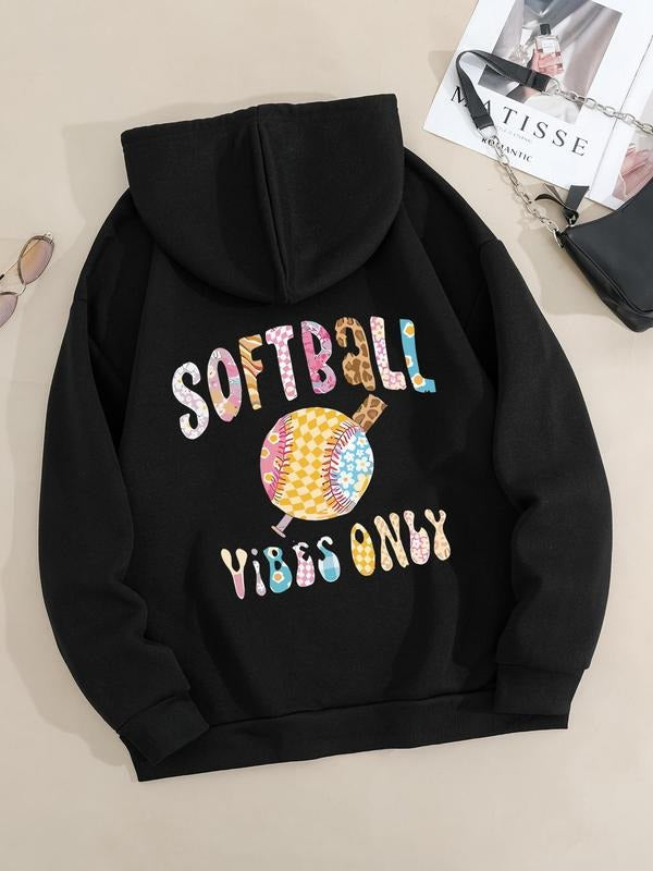 Women's Letter & Softball Print Pocket Hoodie, Casual Long Sleeve Hooded Sweatshirt for Fall & Winter, Women's Clothes...