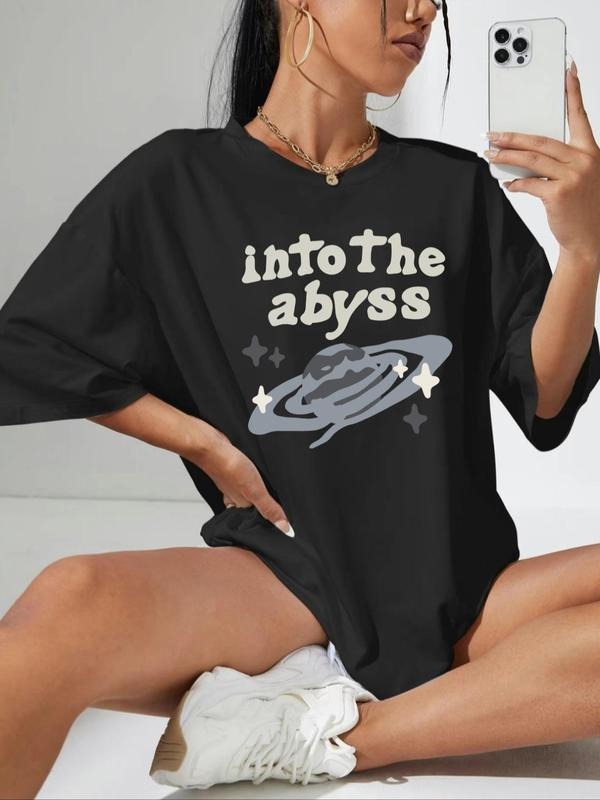 Women's Letter & Space Print Drop Shoulder Tee, Casual Short Sleeve Round Neck T-shirt for Summer, Fashion Women's Top...