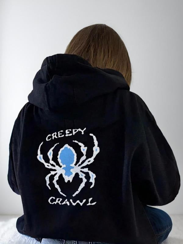 Women's Letter & Spider Print Drop Shoulder Hoodie, Spider Hoodie, Casual Drawstring Pocket Hooded Sweatshirt for Fall &...