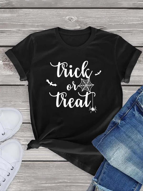 Women's Letter & Spider Print Round Neck Tee, Street Crew Neck Short Sleeve T-Shirt, Women's Top for Daily Wear Hoodie,...