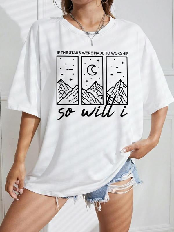 Women's Letter & Star & Moon Print Drop Shoulder Tee, Casual Half Sleeve Round Neck T-Shirt for Daily Wear, Ladies...
