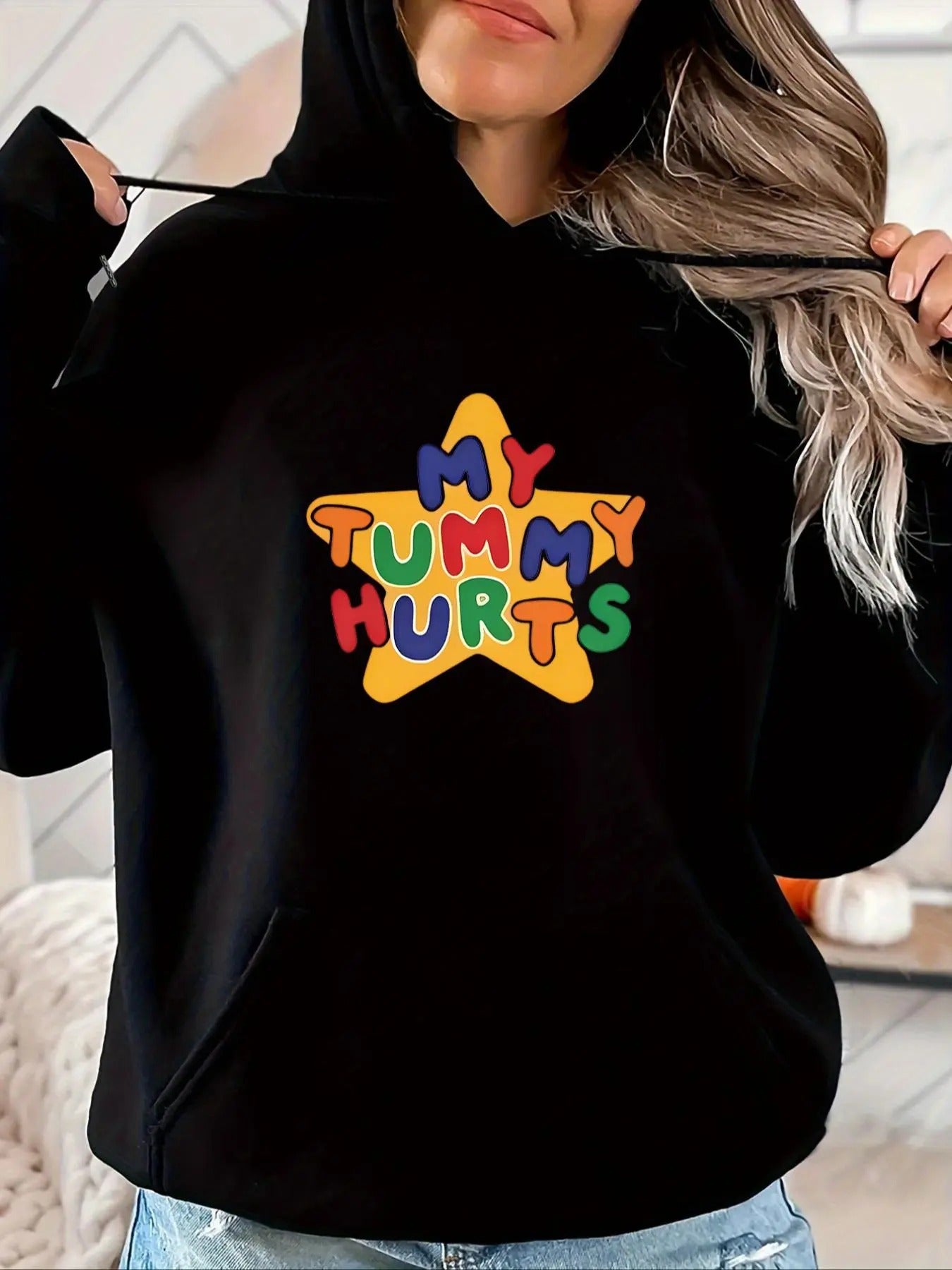 Women's Letter & Star Print Drawstring Pocket Hoodie, Cute Drop Shoulder Long Sleeve Hooded Sweatshirt, Ladies Spring &...