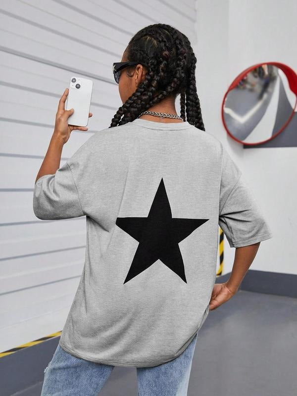 Women's Letter & Star Print Round Neck Tee, Casual Short Sleeve Crew Neck T-Shirt for Summer, Fashion Women's Top for...