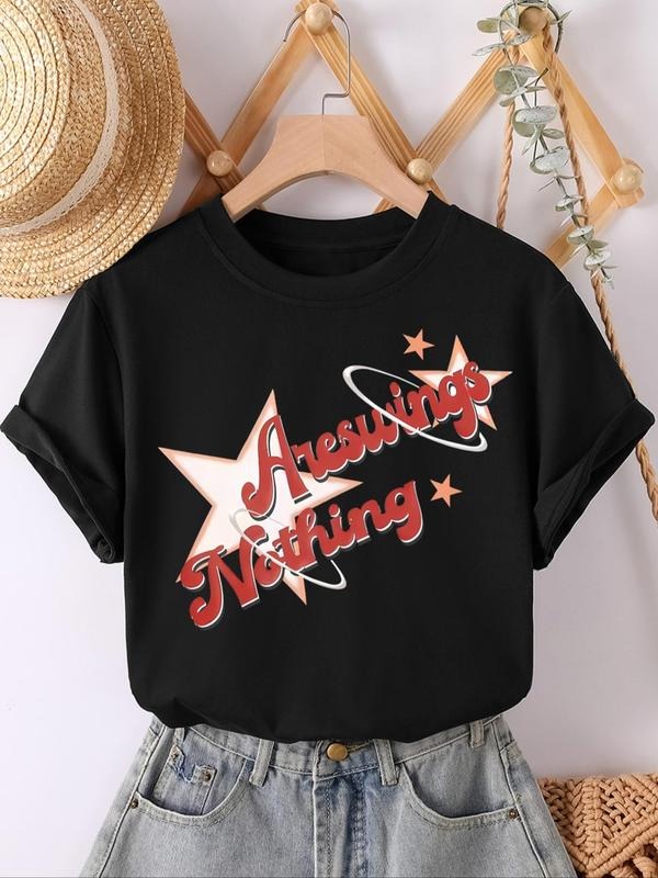 Women's Letter & Star Print Round Neck Tee, Casual Short Sleeve Crew Neck T-shirt for Daily Wear, Ladies Clothes for All...