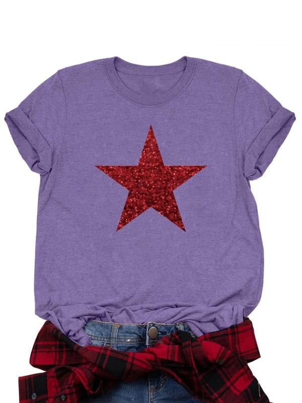 Women's Letter & Star Print Round Neck Tee, Casual Short Sleeve Crew Neck T-shirt for Daily Wear, Ladies Clothes for All...