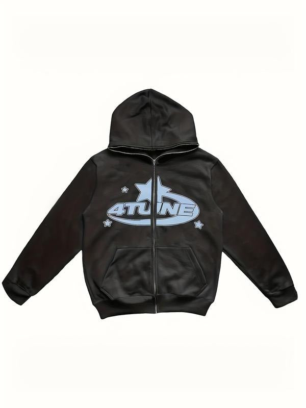 Women's Letter & Star Print Zip Up Hoodie, Casual Long Sleeve Pocket Hooded Sweatshirt for Fall & Winter, Hoodies for...