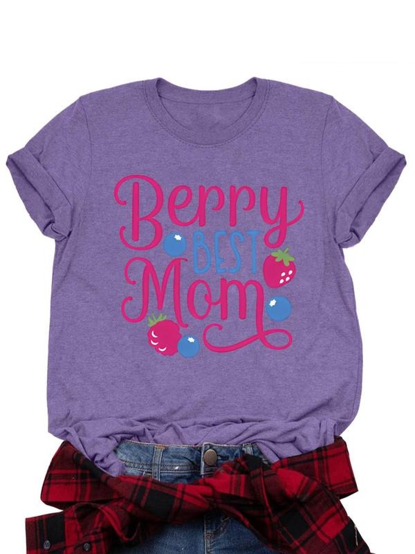 Women's Letter & Strawberry Print Round Neck Tee, Casual Short Sleeve Crew Neck T-shirt for Daily Wear, Ladies Clothes...
