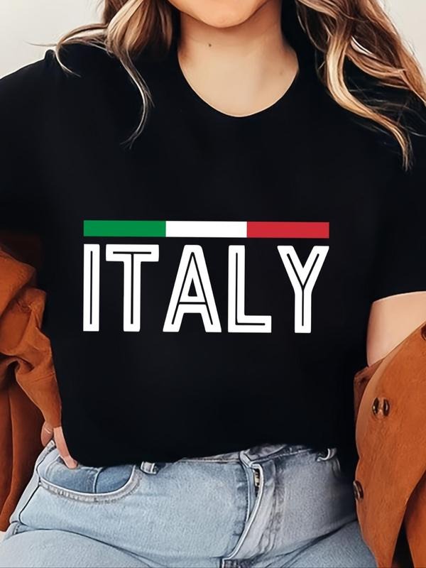 Women's Letter & Striped Print Round Neck Tee, Trendy Casual Short Sleeve Crew Neck T-shirt for Daily Wear, Ladies Summer...