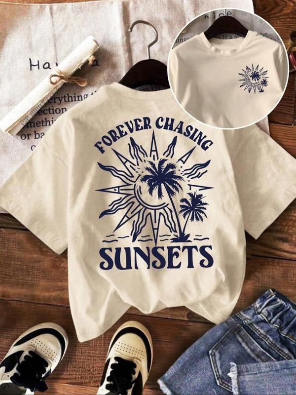 Women's Letter & Sun Print Crewneck Tee, Lady Casual Short Sleeve Crew Neck T-shirt for Summer, Fashion Women's Top for...