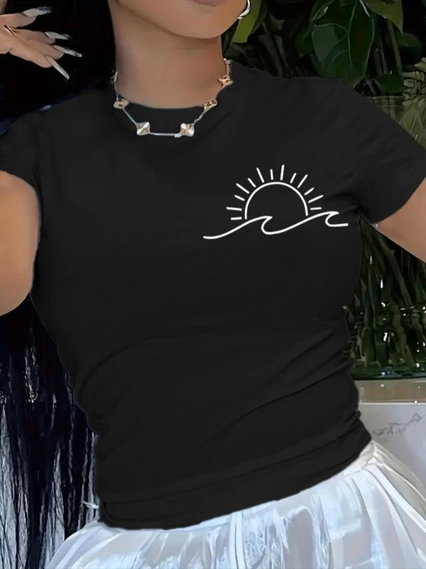 Women's Letter & Sun Print Round Neck Tee, Casual Short Sleeve Crew Neck T-Shirt for Summer, Fashion Women's Top for...