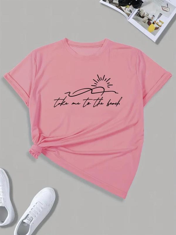 Women's Letter & Sun Print Round Neck Tee, Trendy Casual Crew Neck Short Sleeve T-Shirt for Daily Wear, Ladies All...