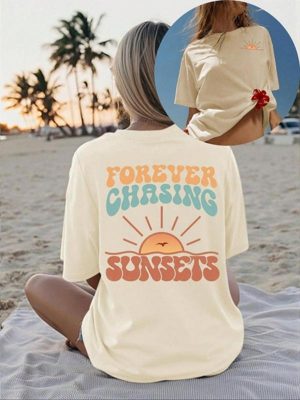 Women's Letter & Sun Print Round Neck Tee, Vintage Trendy Casual Short Sleeve T-shirt for Daily Wear, Ladies Summer...