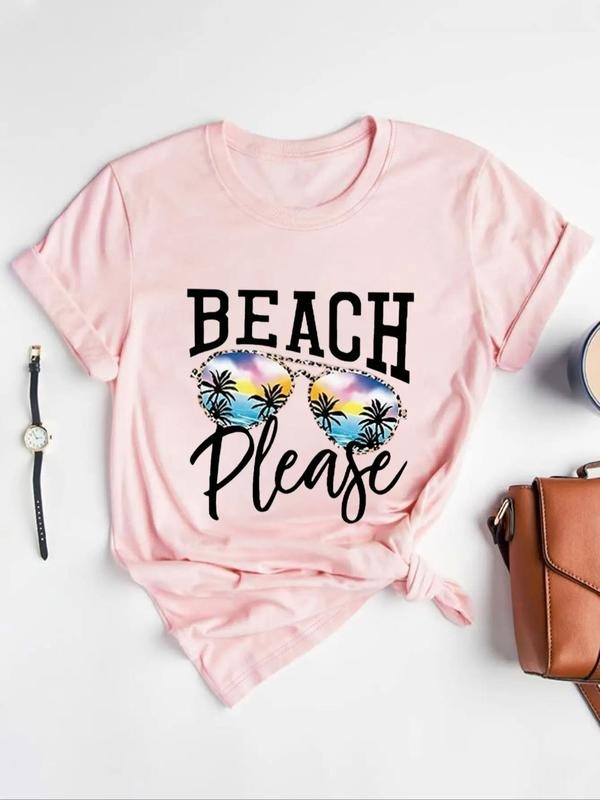 Women's Letter & Sunglasses Print Round Neck Tee, Fashion Trendy Casual Crew Neck Short Sleeve T-Shirt for Vacation...