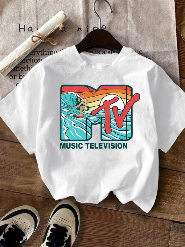 Women's Letter & Surfer Print Round Neck Tee, Trendy Casual Crew Neck Short Sleeve T-shirt for Daily Wear, Ladies Summer...
