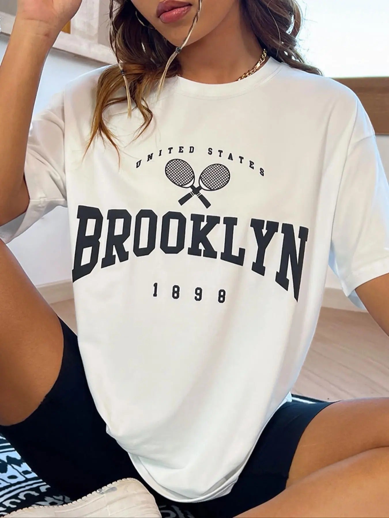 Women's Letter & Tennis Print Drop Shoulder Tee, Casual Half Sleeve Round Neck T-shirt for Summer, Fashion Women's Top...