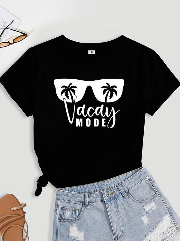 Women's Letter & Tree & Glasses Print Short Sleeve Round Neck Tee, Summer Clothes Women, Casual Graphic Crew Neck T-Shirt...