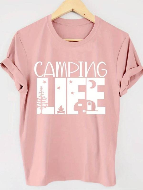 Women's Letter & Tree Print Round Neck Tee, Casual Short Sleeve Crew Neck T-Shirt for Summer, Fashion Women's Top for...