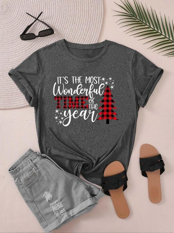 Women's Letter & Tree Print Round Neck Tee, Vintage Trendy Casual Short Sleeve T-shirt For Daily Wear, Ladies Summer...