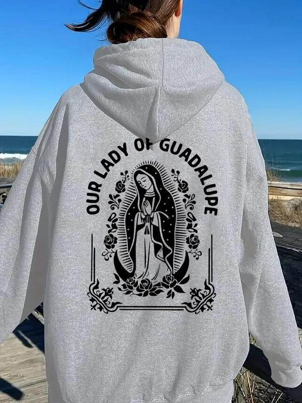Women's Letter & Virgin Mary Print Drop Shoulder Hoodie, Casual Drawstring Kangaroo Pocket Hooded Sweatshirt for Daily...