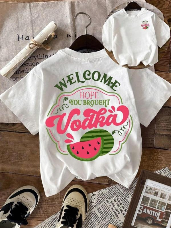 Women's Letter & Watermelon Print Round Neck Tee, Casual Fashion Short Sleeve T-shirt for Summer, Ladies Clothes for...