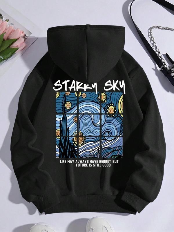 Women's Letter & Wave Print Drop Shoulder Graphic Hoodie, Drawstring Pocket Hooded Sweatshirt for Daily, for Spring &...
