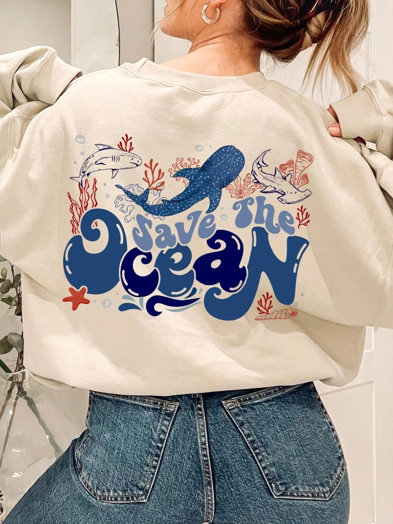 Letter & Whale Print Crew Neck Casual Long Sleeve Daily Clothes All Seasons T-Shirts, Hoodie, Sweatshirt