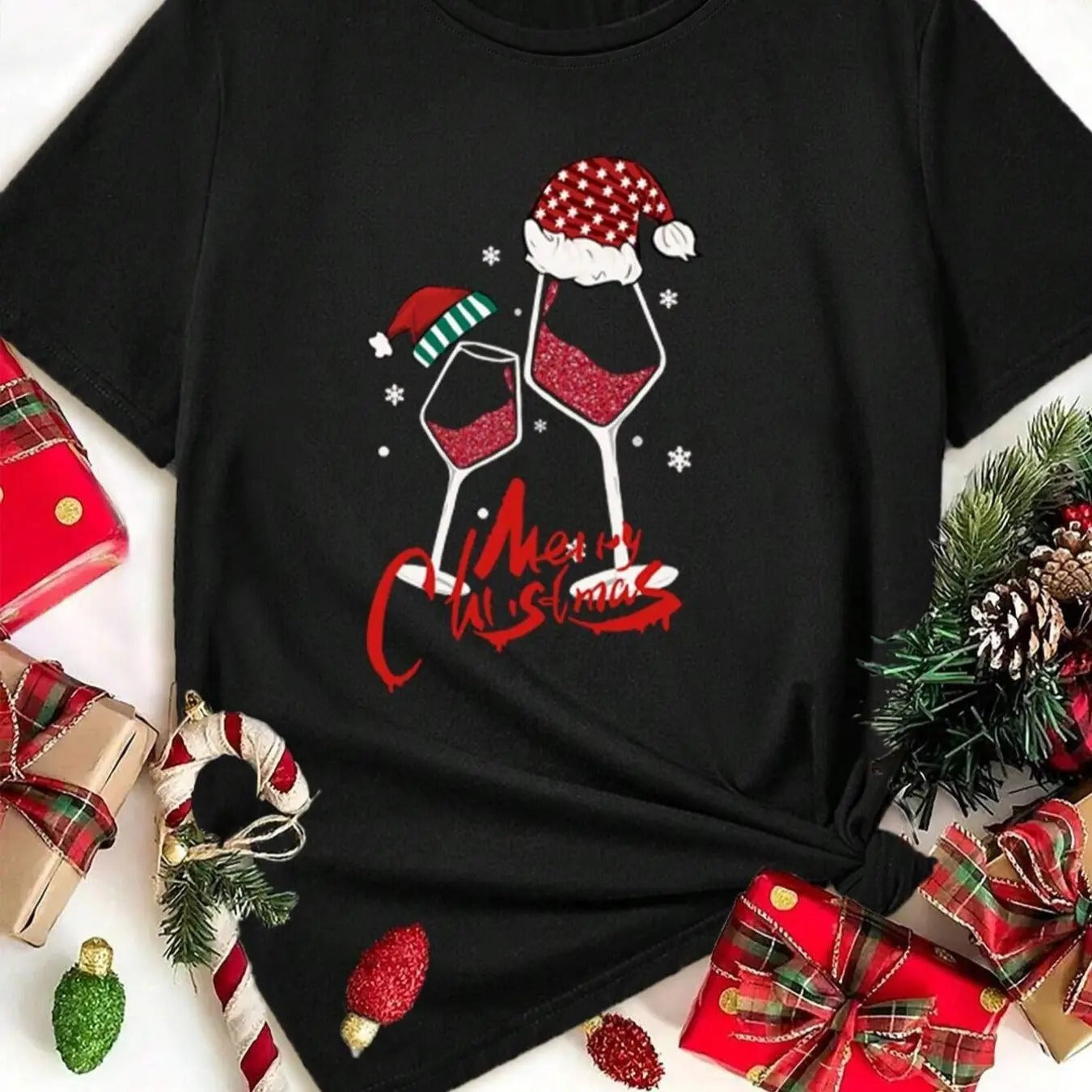 Women's Letter & Wine Glass Print Round Neck Tee, Casual Short Sleeve Crew Neck T-shirt for Fall & Winter, Women's Top...