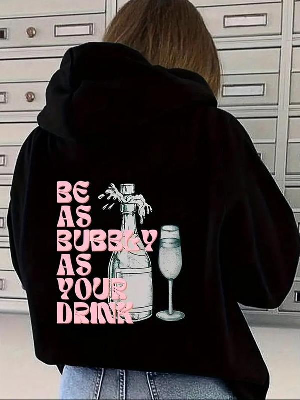 Women's Letter & Wine Print Drop Shoulder Hoodie, Fashion Casual Drawstring Pocket Hooded Sweatshirt for Daily Holiday...