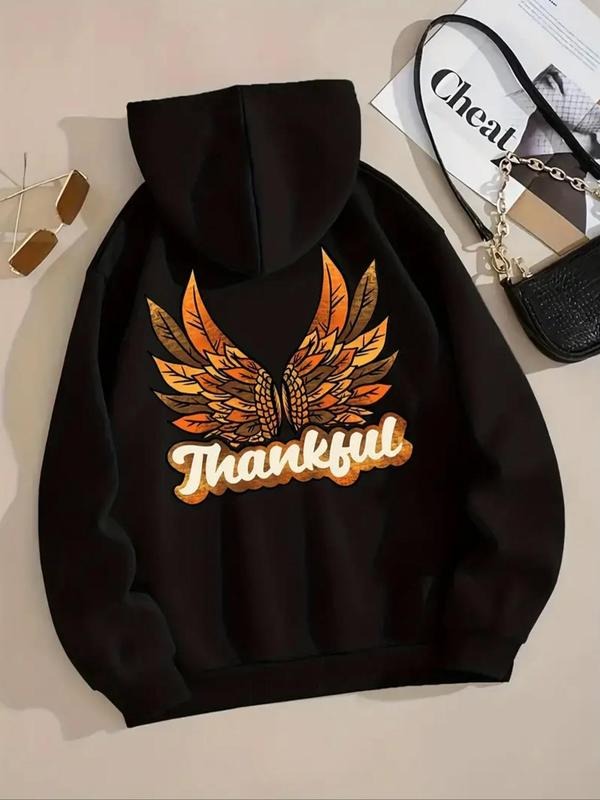 Women's Letter & Wing Print Drop Shoulder Drawstring Hoodie, Fashion Casual Kangaroo Pocket Hooded Sweatshirt for Daily...