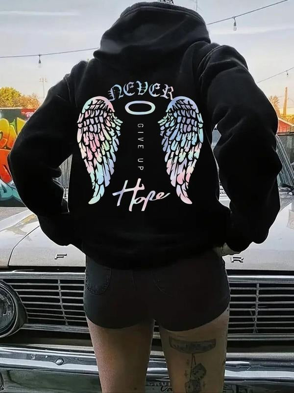 Women's Letter & Wing Print Drop Shoulder Hoodie, Fashion Casual Drawstring Pocket Hooded Sweatshirt for Daily Holiday...