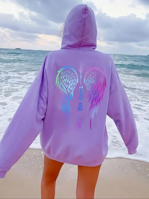 Women's Letter & Wings Print Drop Shoulder Hoodie, Fashion Casual Drawstring Pocket Hooded Sweatshirt for Daily Holiday...