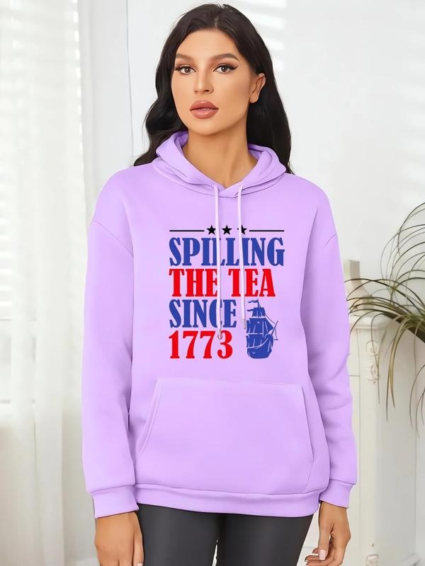 Women's Letter & Year & Ship Print Drop Shoulder Hoodie, Fashion Casual Drawstring Pocket Hooded Sweatshirt for Daily...