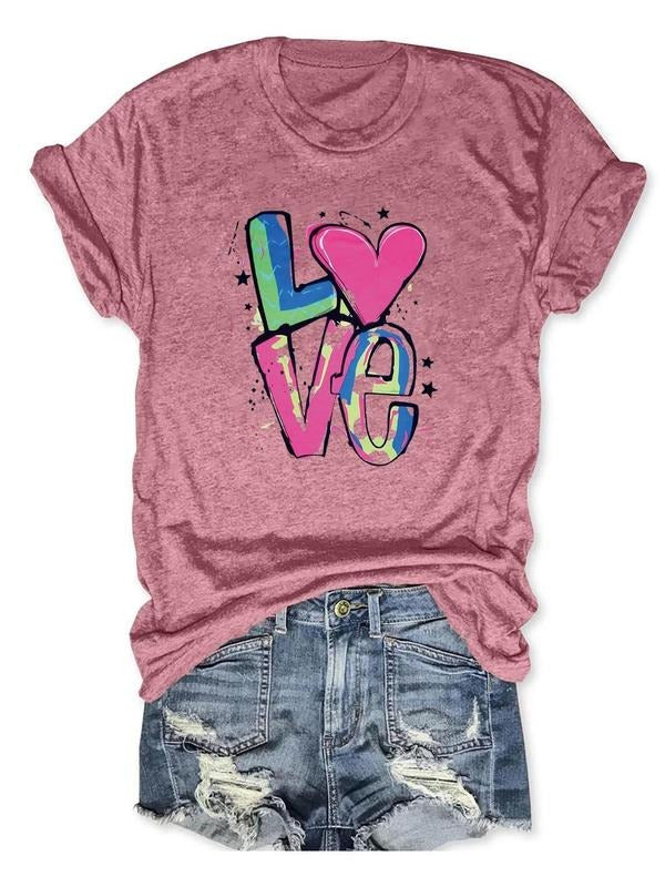Women's Letter 'LOVE" Print Round Neck Graphic Tee, Vintage Trendy Casual Short Sleeve T-shirt For Daily Wear, Ladies All...
