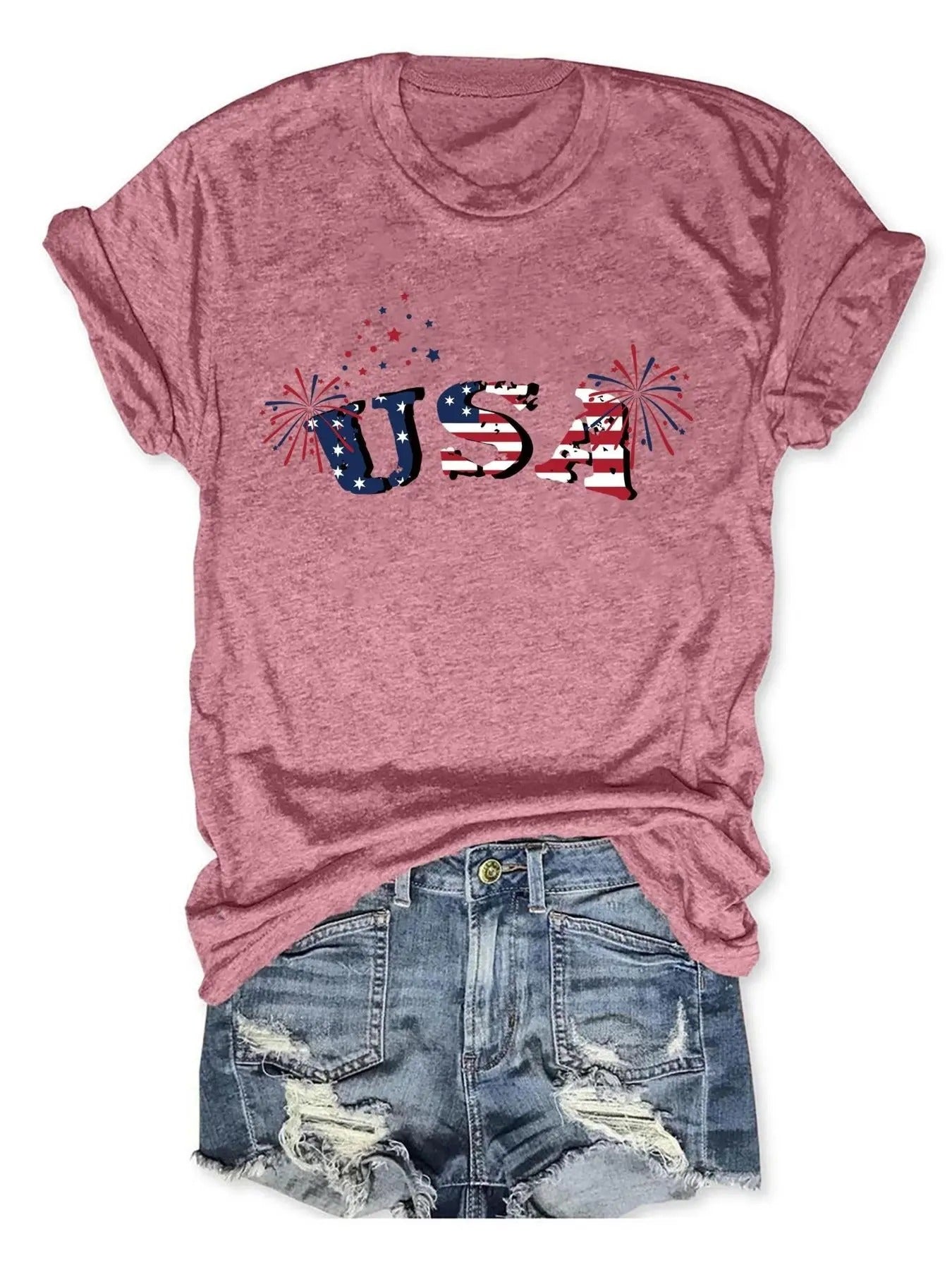 Women's Letter "USA" Print Round Neck Graphic Tee, Vintage Trendy Casual Short Sleeve T-shirt For Daily Wear, Ladies All...
