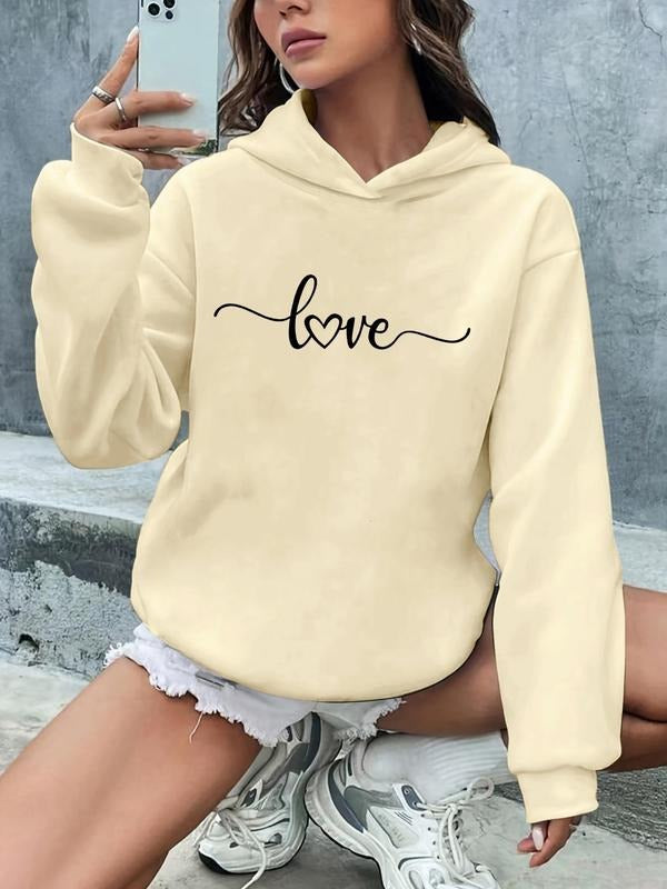 Women's Letter "love" Print Pocket Hoodie, Fashion Drop Shoulder Long Sleeve Hooded Sweatshirt, Casual Ladies Clothes For...