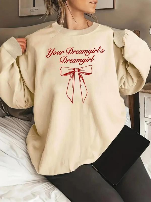 Women's Letter Bow Print Pullover Sweatshirt, Casual Long Sleeve Crew Neck Sweatshirt for Fall & Winter, Fashion Ladies'...