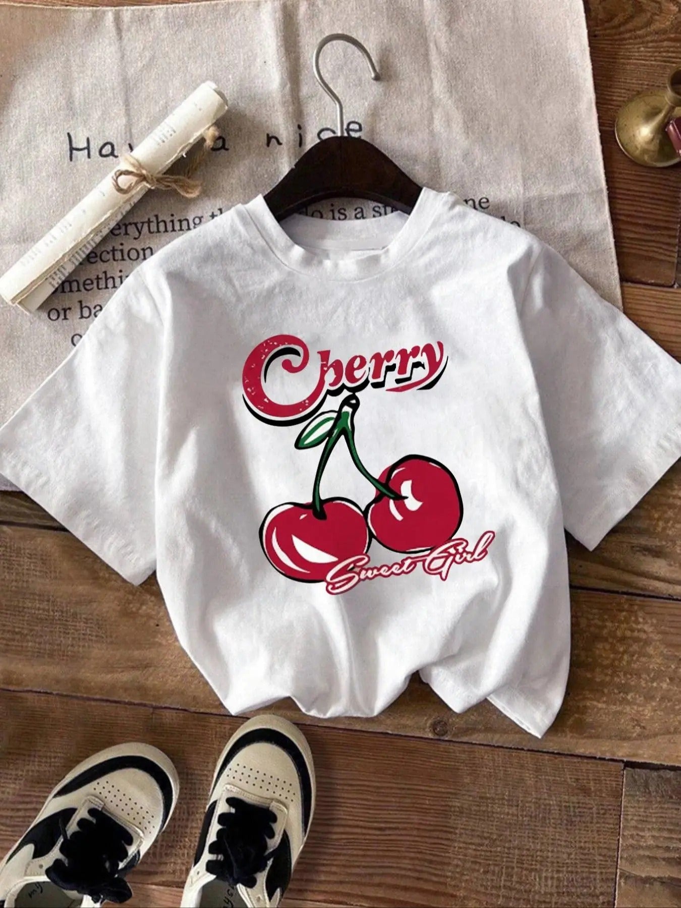 Women's Letter Cherry Graphic Round Neck Tee, Casual Short Sleeve Crew Neck T-shirt for Summer, Fashion Women's Top for...