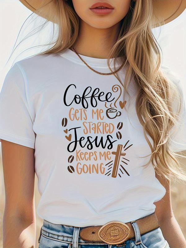 Women's Letter Cross Cup Print Round Neck Graphic Tee, Vintage Trendy Casual Short Sleeve T-shirt for Daily Wear, Ladies...