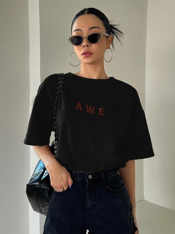 Women's Letter Embroidery Round Neck Tee, Fashion Casual Crew Neck T-Shirt for Daily Holiday Vacation Outdoor Wear,...