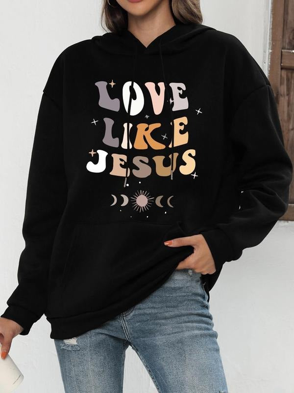 Women's Letter Graphic Drop Shoulder Hoodie, Fashion Casual Drawstring Pocket Hooded Sweatshirt for Daily Holiday Outdoor...