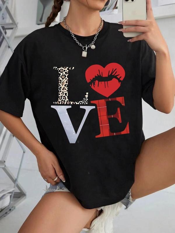 Women's Letter Graphic Drop Shoulder Tee, Casual Leopard & Heart Print Short Sleeve Round Neck T-shirt for Daily Wear,...