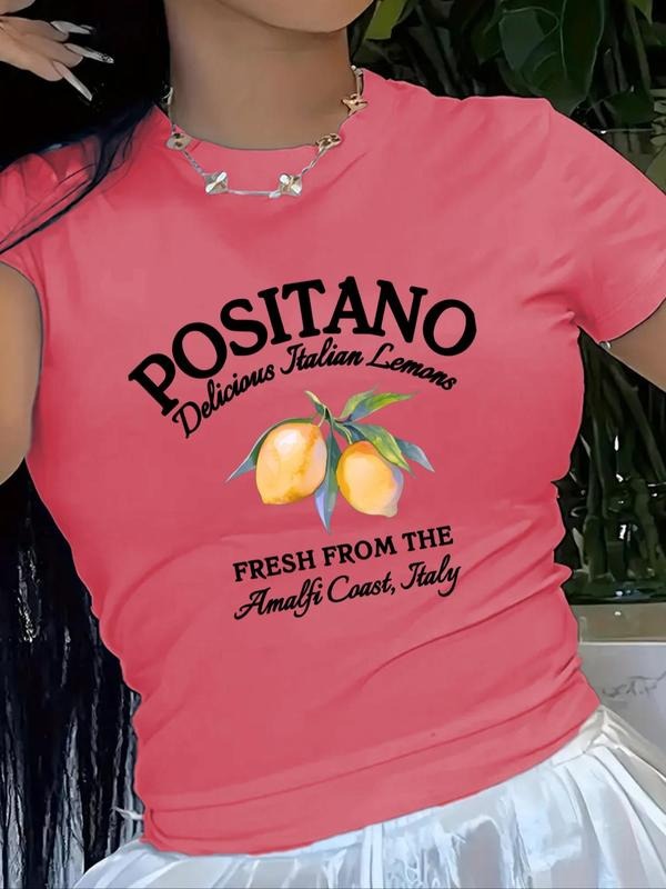 Women's Letter Graphic Round Neck Tee, Casual Fruit Graphic Short Sleeve T-Shirt for Summer, Fashion Women's Top for...