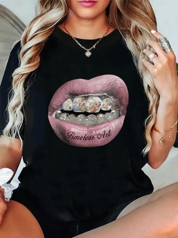 Women's Letter Lip Print Round Neck T-Shirt, Fashion Casual Loose-Fitting Top, Daily Wear, Holiday, Vacation, Outdoor...