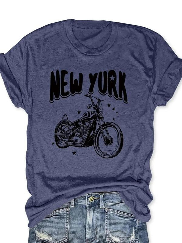 Women's Letter Motorcycle Print Round Neck Graphic Tee, Vintage Trendy Short Sleeve T-shirt for Daily Wear, Ladies...