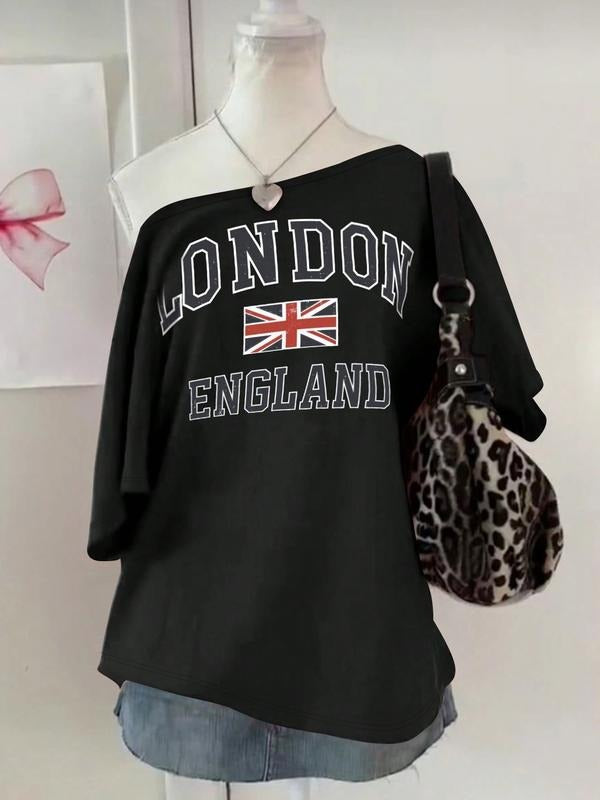 Women's Letter Print Asymmetrical Neck Tee, Casual Short Sleeve T-Shirt for Summer, Ladies Clothes for Daily Wear, Top...