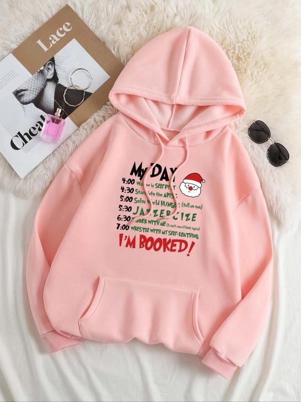 Women's Letter Print Christmas Drawstring Pocket Hoodie, Casual Long Sleeve Hooded Sweatshirt for Fall & Winter, Women's...