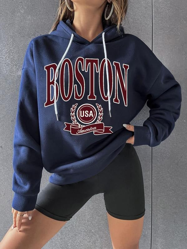 Women's Letter Print Drawstring Drop Shoulder Hoodie, Casual Loose Graphic Hooded Sweatshirt, Preppy Autumn Fall Pullover...