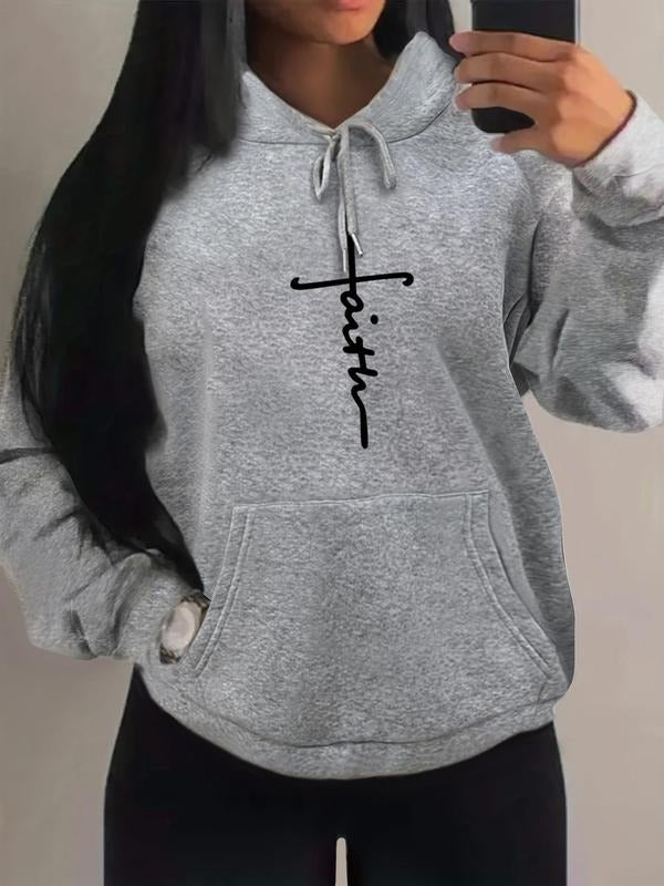 Women's Letter Print Drawstring Drop Shoulder Hoodie, Casual Pocket Hooded Sweatshirt for Fall & Winter, Women's Clothing...